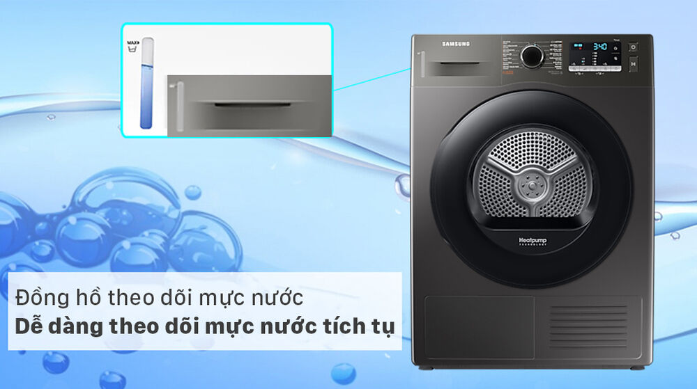 máy sấy bơm nhiệt samsung 9kg dv90ta240ax/sv - đồng hồ mực nước