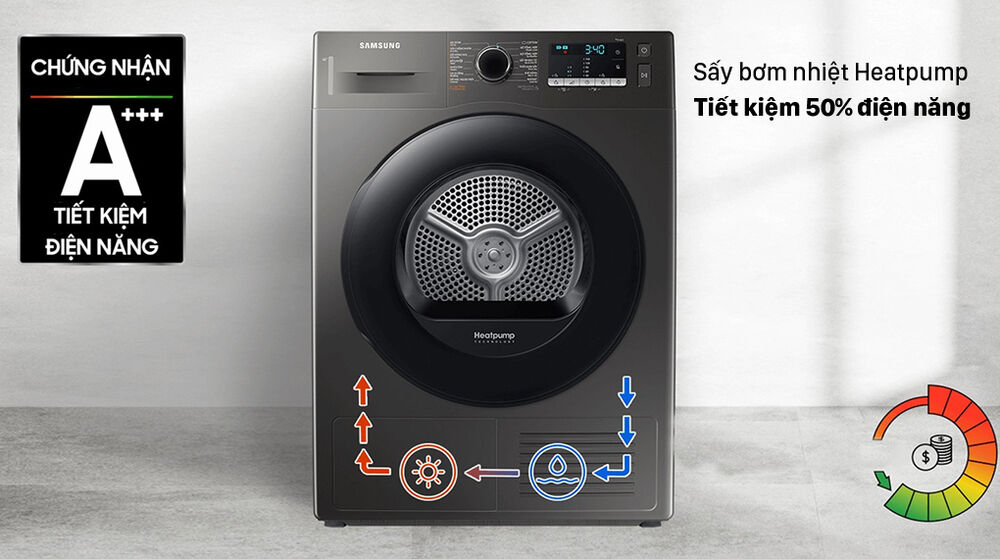 máy sấy bơm nhiệt samsung 9kg dv90ta240ax/sv - sấy heatpump