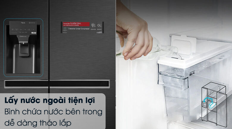 lấy nước và đá tại cửa tủ