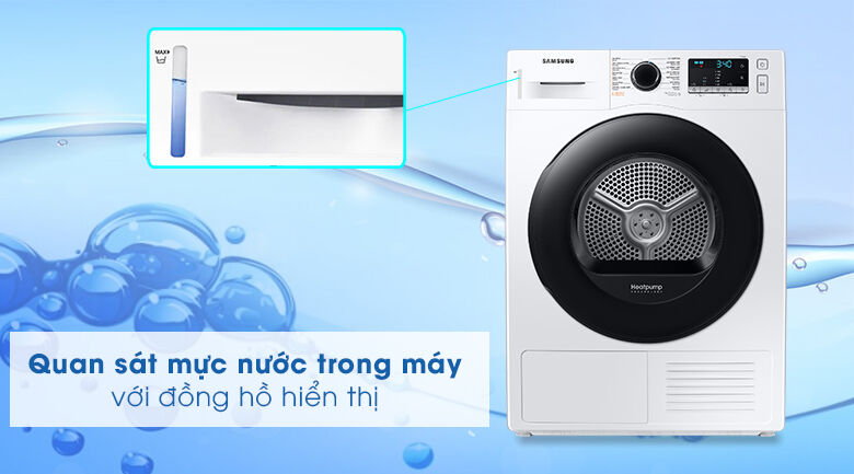 máy sấy samsung 9kg dv90ta240ae/sv - đồng hồ hiển thị mực nước