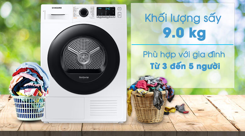 máy sấy samsung 9kg dv90ta240ae/sv - khối lượng
