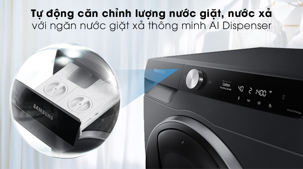 máy giặt samsung ai addwash inverter 12kg ww12tp94dsb/sv - ngăn nước giặt xả thông minh ai dispenser