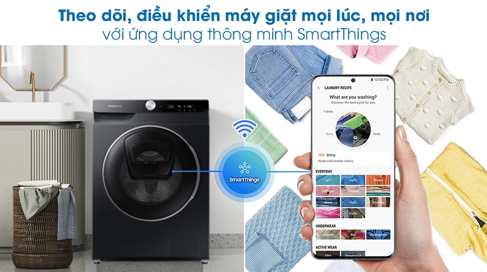 máy giặt samsung ai addwash inverter 12kg ww12tp94dsb/sv - điều khiển từ xa với smartthings