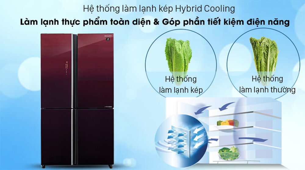 tủ lạnh sharp inverter 525 lít sj-fxp600vg-mr-làm lạnh toàn diện thực phẩm với hệ thống hybrid cooling