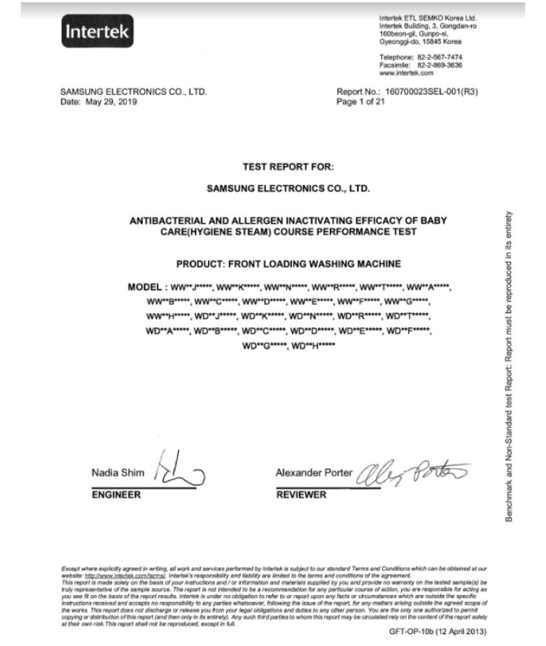 Kết quả chứng nhận thử nghiệm công nghệ giặt hơi nước Hygiene Steam kết quả chứng nhận thử nghiệm công nghệ giặt hơi nước hygiene steam