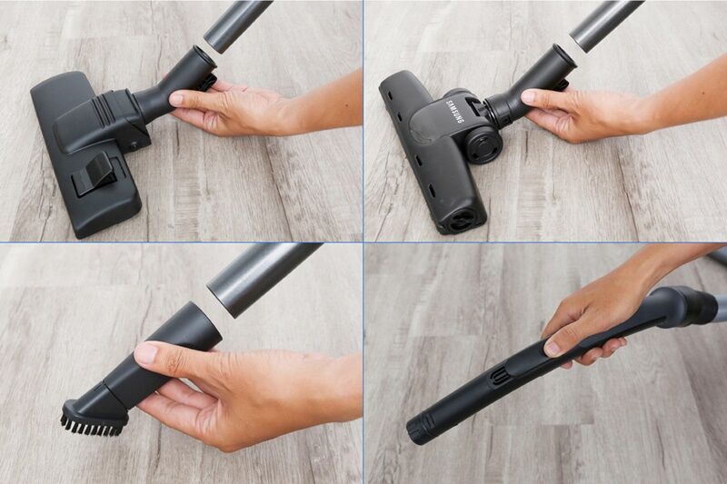 Có 2 đầu hút sàn, thảm, đầu hút khe gắn bàn chải - Máy hút bụi Samsung VC18M21M0VN/SV-N có 2 đầu hút sàn, thảm, đầu hút khe gắn bàn chải - máy hút bụi samsung vc18m21m0vn/sv-n