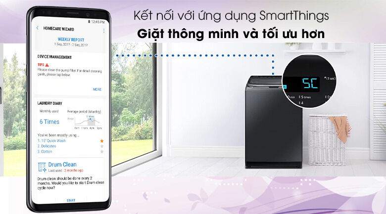 tối ưu hơn khi được kết nối với điện thoại - máy giặt samsung inverter 22 kg wa22r8870gv/sv