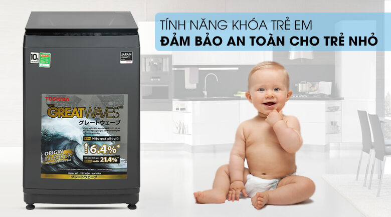 máy giặt toshiba inverter 10,5 kg aw-duk1150hv(mg) - tránh sự nghịch phá trẻ nhỏ với chức năng khóa từ an toàn