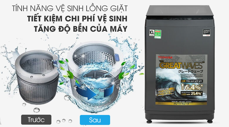 máy giặt toshiba inverter 10,5 kg aw-duk1150hv(mg) - tiết kiệm thời gian, kéo dài tuổi thọ sản phẩm với chức năng tự vệ sinh lồng giặt