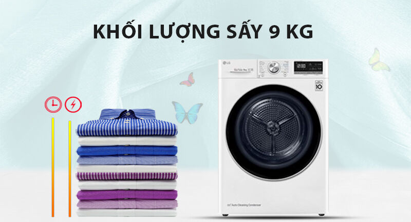 máy sấy lg 9 kg dvhp09w-khối lượng sấy 9 kg, phù hợp cho gia đình đông thành viên trên 4 người