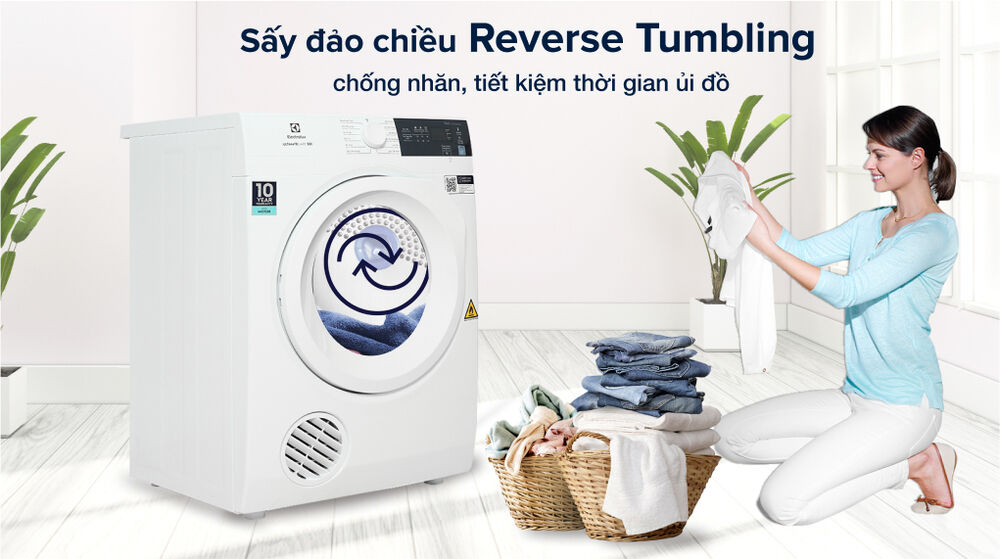 máy sấy thông hơi electrolux 8.5 kg edv854j3wb - sấy đảo chiều giảm nhăn reverse tumbling