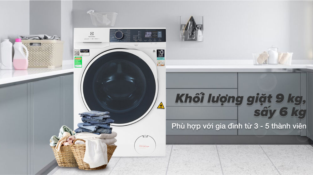 máy giặt sấy electrolux inverter 9 kg eww9024p5wb-khối lượng giặt 9kg, sấy 6kg, thích hợp cho gia đình từ 3 - 5 người