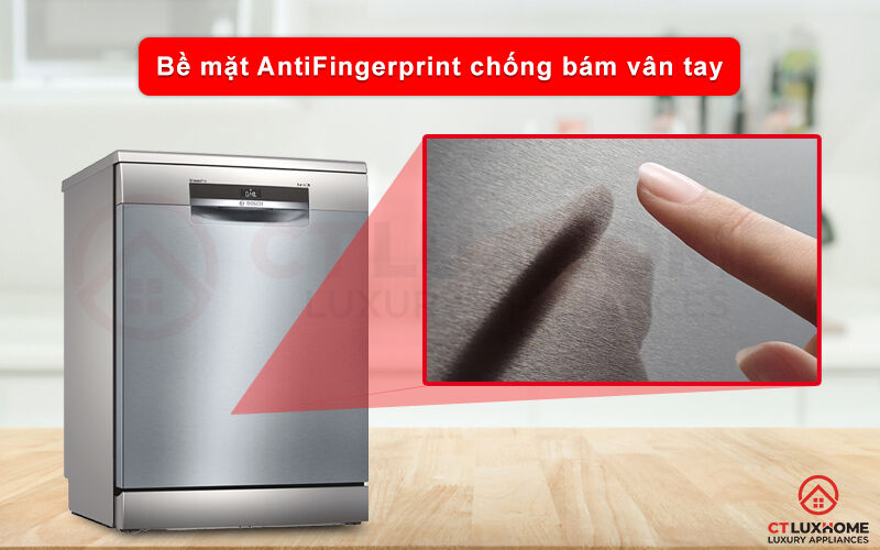 lớp chất liệu antifingerprint hạn chế bám vân tay lên máy rửa chén bosch sms6eci07e.
