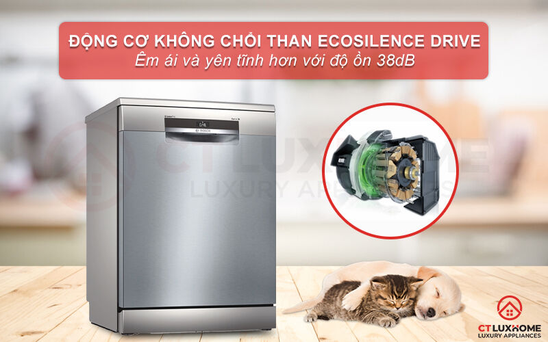 động cơ ecosilence drive giúp máy rửa bát bosch sms6eci07e vận hành êm ái hơn.