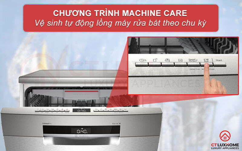 lựa chọn tính năng machine care khi cần tự động vệ sinh máy rửa bát bosch sms6eci07e.