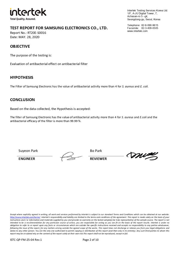 Giấy chứng nhận của công ty giám định chất lượng sản phẩm Intertek Group plc về hiệu quả diệt khuẩn 99.99% vi khuẩn của hệ thống lọc diệt khuẩn Active Fresh Filter. giấy chứng nhận của công ty giám định chất lượng sản phẩm intertek group plc về hiệu quả diệt khuẩn 99.99% vi khuẩn của hệ thống lọc diệt khuẩn active fresh filter.
