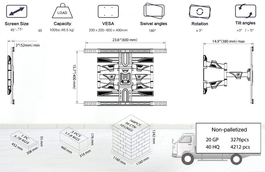 thông số kỹ thuật chi tiết của giá treo tivi xoay đa năng nb p6 bản mới nhất