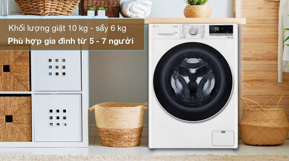 máy giặt lồng ngang lg inverter 10kg + sấy 6kg fv1410d4w1