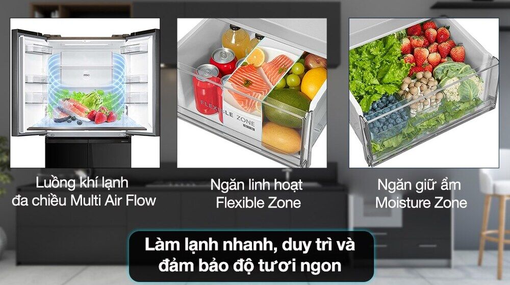 Tủ lạnh Toshiba Inverter 474 lít Multi Door GR-RF611WI-PGV(22)-XK - Luồng khí lạnh đa chiều Multi Air Flow, ngăn linh hoạt Flexible Zone và ngăn giữ ẩm Moisture Zone làm lạnh nhanh, duy trì độ tươi ngon tủ lạnh toshiba inverter 474 lít multi door gr-rf611wi-pgv(22)-xk