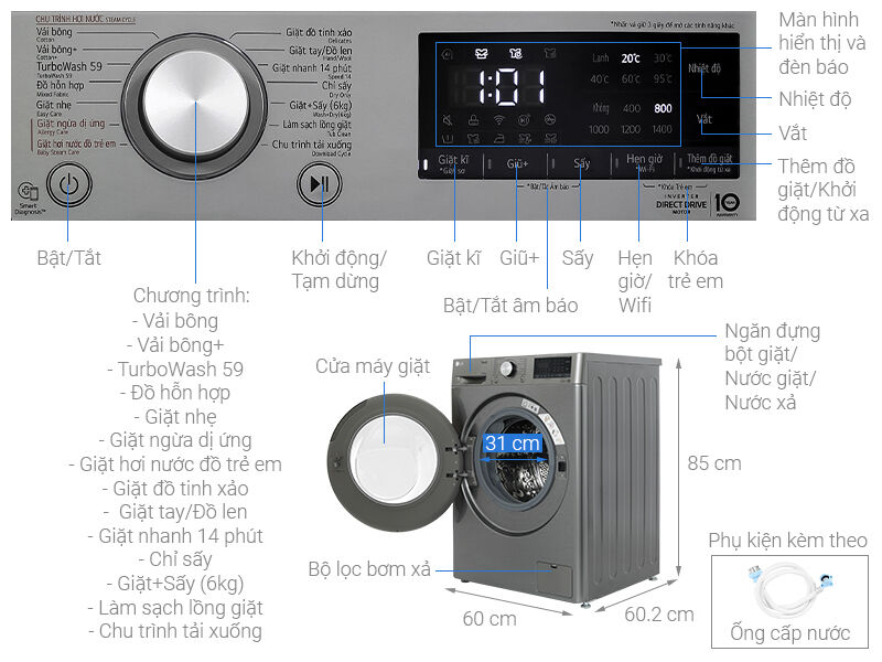 máy giặt sấy lg ai dd inverter giặt 10 kg - sấy 6 kg fv1410d4p
