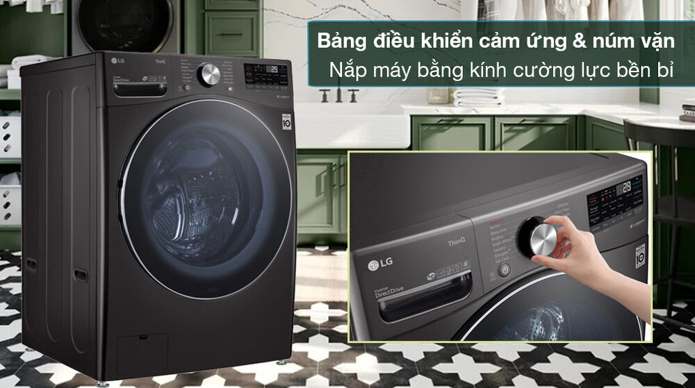 máy giặt sấy lg inverter 21 kg f2721hvrb - trang bị bảng điều khiển cảm ứng & núm vặn, nắp máy bằng kính cường lực bền bỉ